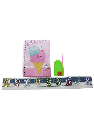 Set Staionary Cuaderno + Brillitos + Lapiz + Bandeja Apiladora - Trendy