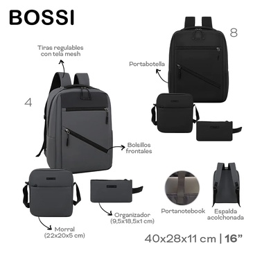 Set Mochila Bossi (Mochila + Morral + Organizador) Bossi