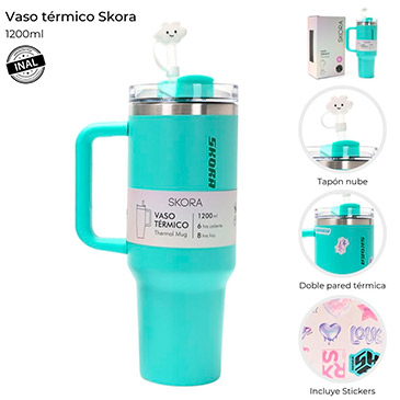 Vaso Termico Con Bombilla y Tapon Nube 1200ml Incluye Stickers - Skora