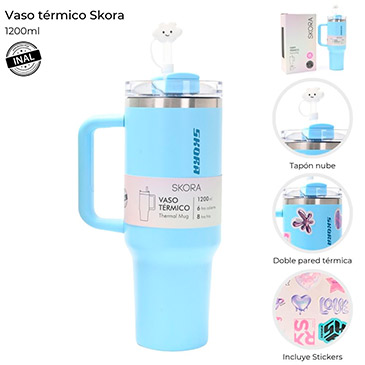Vaso Termico Con Bombilla y Tapon Nube 1200ml Incluye Stickers - Skora
