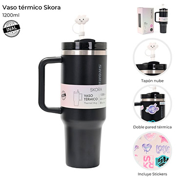 Vaso Termico Con Bombilla y Tapon Nube 1200ml Incluye Stickers - Skora