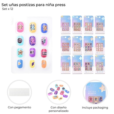 Venta por Mayor y Catalogo Set De Uñas Postizas Para Niñas Press x12 Uni. Skora