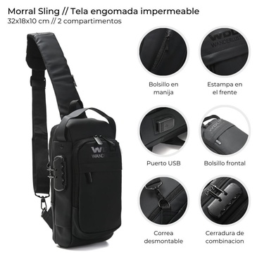 Morral Sling Engomado Con Cerradura y USB Tela Impermiable  Wanderlust