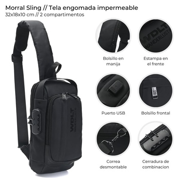 Morral Sling Tela Engomada Impermeable Con Cerradura Wanderlust