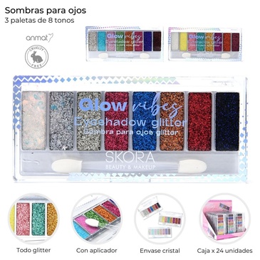Venta por Mayor y Catalogo Sombras Para Ojos Con Glitter x 8 Tonos Con Aplicador  Skora