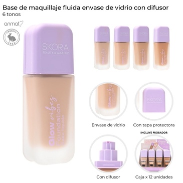 Venta por Mayor y Catalogo Base De Maquillaje Fluida Envase De Vidrio Con Difusor  Skora