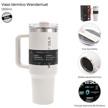 Vaso Termico Con Bombilla 1200ml  Incluye Stickers Wanderlust