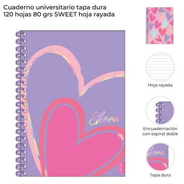 Cuaderno Universitario Tapa Dura 120 Hojas Rayadas Sweet Skora