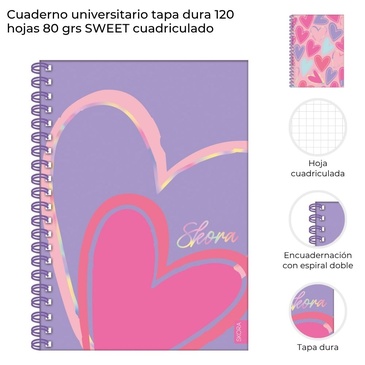 Cuaderno Universitario Tapa Dura 120 Hojas Cuadriculadas Sweet Skora